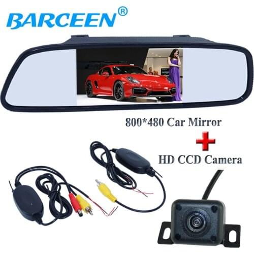 Wireless car rear reserve camera 4 ir glass lens +4.3" car mirror monitor +wireless car receiver and transmitting for all cars