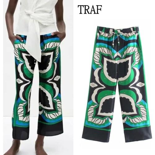TRAF Za Womens Pants 2021 Fashion Print Straight Pants Women High Waist Loose Summer Woman Trousers Chic Women Clothing Pocket