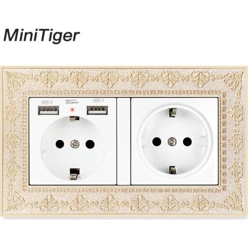 Minitiger Double Russia Spain EU Standard Wall Socket With 2 USB Charge Port Hidden Soft LED Indicator Vintage Zinc Alloy Frame