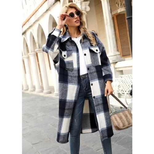 GypsyLady Long Block Plaid Jacket Coat Vintage Woolen Thick Casual Loose Coat Women Jacket Button Front Pocket Jacket Outwear