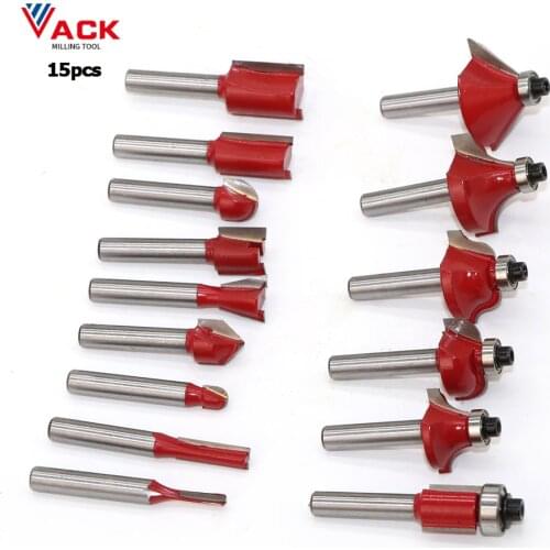 VACK 15pcs/set Woodworking tools Milling Cutters 1/4''/8mm Shank Carbide Router Bits For Wood Cutter frezy Cutting metal fresas