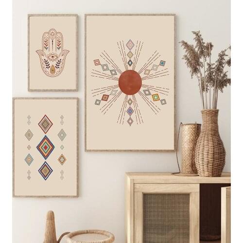 Moroccan Carpet Art Painting Sun Hamsa Wall Picture Neutral Abstract Hand Canvas Prints Home Bohemian Poster Wall Decoration