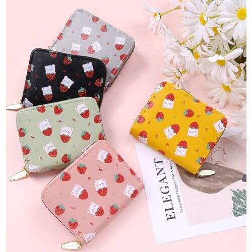 Cute Kawaii Wallet For Women Korean Short Printed Strawberry Card Holder Student Small Fresh Clutch Mini Coin Purse 2021 New