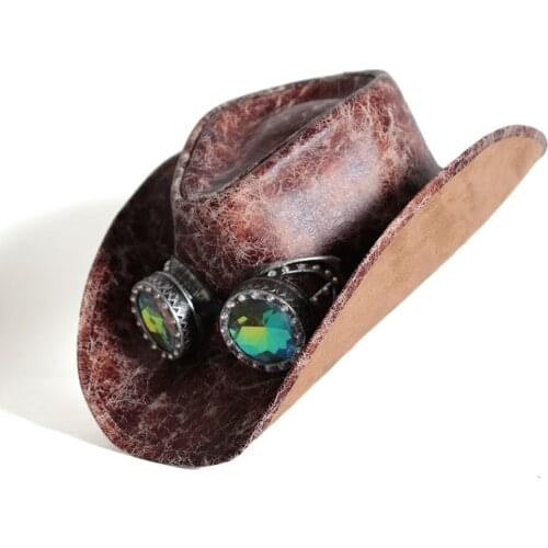 Men Women Leather Western Cowboy Hats With Punk Glasses Size 58-59CM