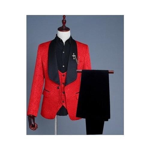New Brand 2018 Three Piece Suit Slim Fit Men Shawl Lapel Red Jacquard Wedding Groom Suits Prom Suits Mens Jacket Vest Pants