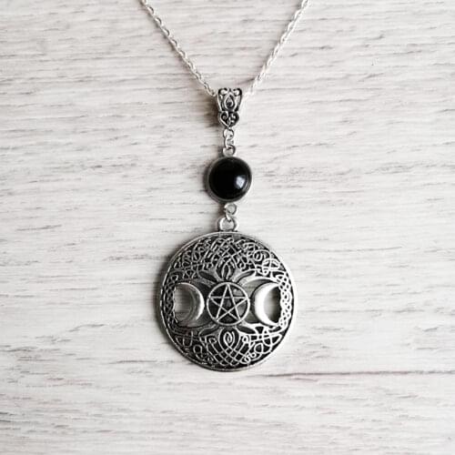 Triple Moon Goddess Wicca Pentagram Magic Amulet Necklace Women Tree Of Life Moon Necklaces Pendants Vintage Jewelry
