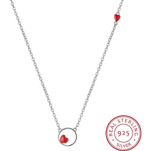Drop Glaze Red Enamel Love Heart Circle Pendant Necklace 925 Sterling Silver Clavicle Chain Necklace For Women Wedding Gift
