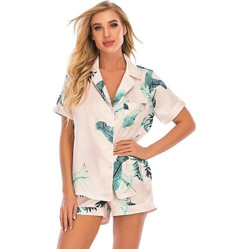 Print Eyeshade pajamas for women pyjamas Simulated SILK PAJAMA suit Terno short sleeve sleepwear two-piece silk housewear