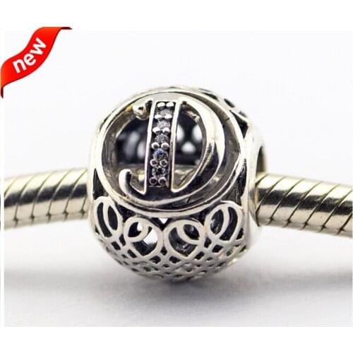 Fits for Pandora Bracelets Alphabet D Charms with Clear Cubic Zirconia 100% 925 Sterling Silver Beads Free Shipping