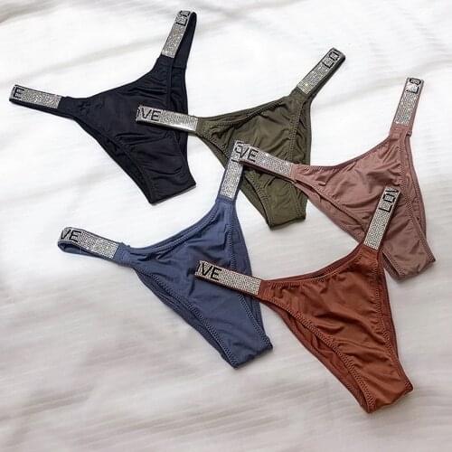 Sexy Women Pantie Crystal Rhinestone Underwear Fitness Gym Thongs Low Rise Fashion Tanga For Female Push Up Lingerie With Letter