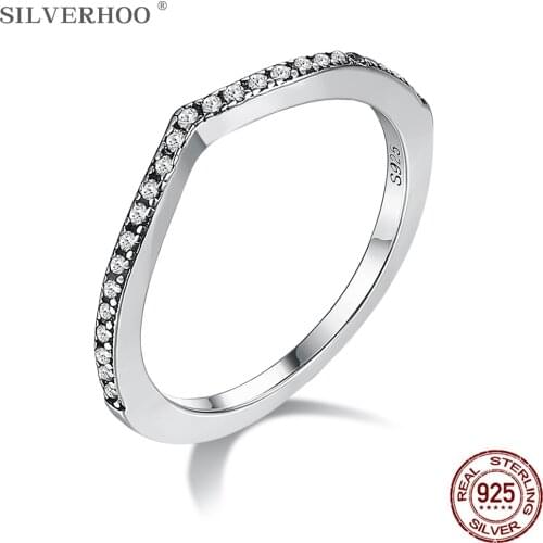 SILVERHOO 925 Sterling Silver Water Drop Finger Rings For Women Shiny Clear Cubic Zirconia Stackable Ring Anniversary Jewelry