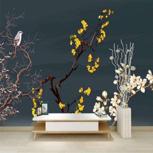 Modern Custom Wall Picture 3 d Flower Wallpaper Yellow Black Living Room Bedroom Decor House Wall Mural Plum Blossom Bird Tree