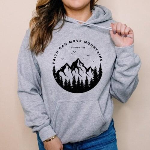 100% Cotton Faith Can Move Mountains Hoodie Casual Women Long Sleeve Jumper Christian Hiking Hoody Streetwear