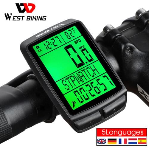 WEST BIKING 5 Language Wireless Bicycle Computer Waterproof Speedometer LED Backlight Odometer MTB Mountain Road Bike Stopwatch