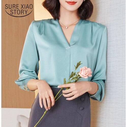 2020 Autumn New Fashion Women Blouse Long Sleeve V-neck Korean Satin Blouse Plus Size Women Tops Shirt Loose Blusas Mujer 10853