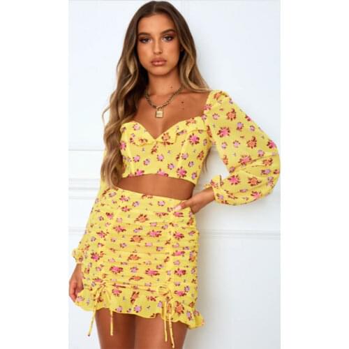 Two-Piece WomenS Yellow Floral Print Blouse + A-Line Mini Skirt Autumn 2021New Casual Fashion Versatile Temperament Sexy Yellow