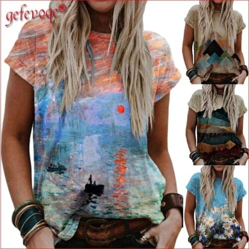 2021 Summer Women Clothing Landscape Print Short Sleeve Tops Streetwear Casual Harajuku Plus Size Loose Tee Shirt Femme T-shirt