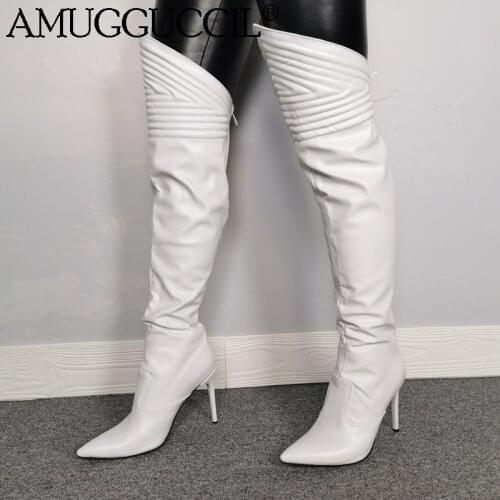 2020 New Plus Big Size 35-47 White Zip Fashion Sexy Thigh High Heel Over The Knee Autumn Winter Females Lady Women Boot X1918