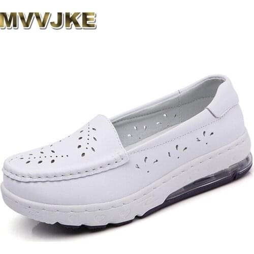 MVVJKE Summer Hollow Out White Loafers Women Nurse Flats Shoes Leather Slip On Moccasins Ladies Round Toe Casual Female Walking