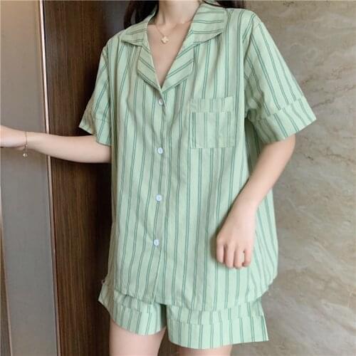 JULYS SONG Cotton Women Pajamas Set Striped 2 Pieces Short Sleeves Pajamas Suit Sleepwear Cute Shorts for Female