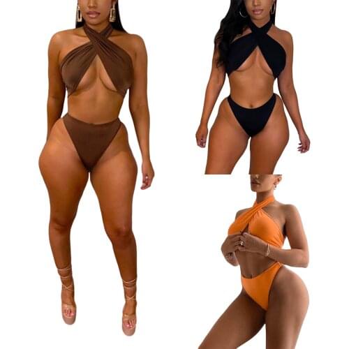 Hirigin Fashion Women Two-piece Swimwear Set Solid Color Halter Neck Sleeveless Tops and Low Waist Shorts Bikini Swimsuit