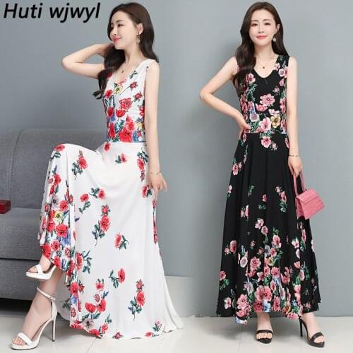 Casual White Floral Chiffon Tank Beach Maxi Sundress 2021 Summer Vintage Midi Dress Women Bodycon Party Sexy Sleeveless Vestidos