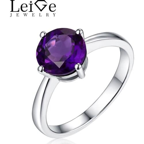 Leige Jewelry Purple Solitaire Gemstone Natural Amethyst Ring Round Cut Sterling Silver Wedding Rings for Women Fine Jewelry