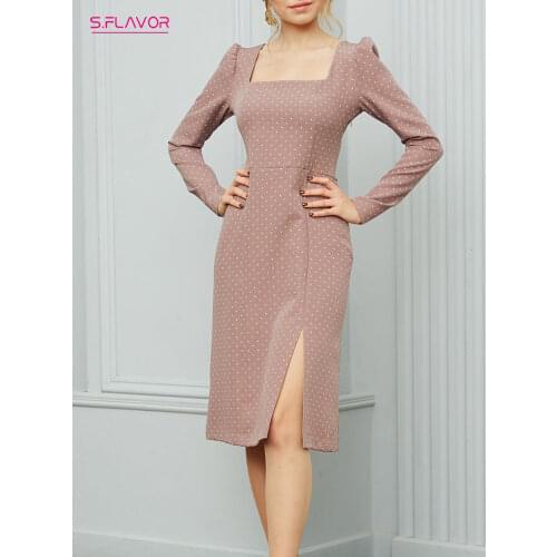 S.FLAVOR Elegant Dot Print Autumn Dress Women Vintage Square Collar Split Dress 2021 Fashion Long Sleeve Party Bodycon Clothes