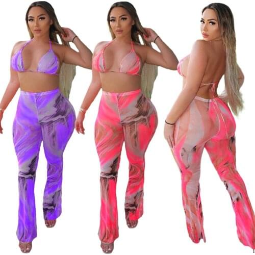 Adogirl Tie Dye Print Mesh Summer Beach Two Piece Set Women Sexy Bra Halter Lace Up Crop Top And Wide Leg Pants Beach Outfits