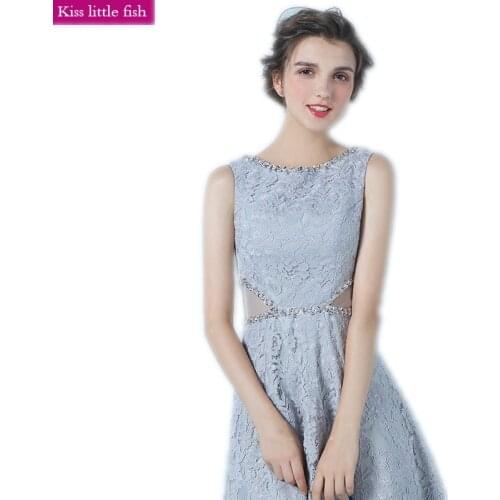 Free shipping Elegant Gray Sleeveless Lace graduation dresses Vestido de festa