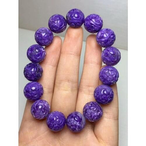Top Quality Natural Purple Charoite Craved Round Beads Stretch Bracelets 14mm Women Crystal Charoite Bracelet AAAAA Certificate