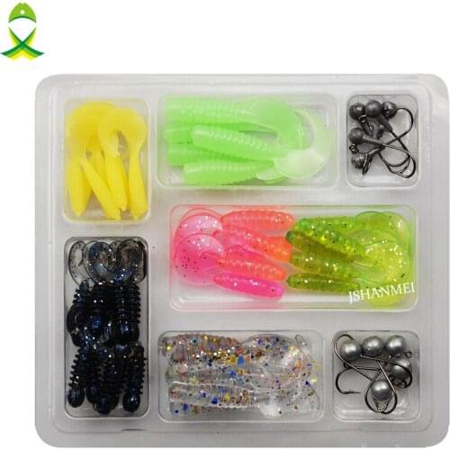JSM 48 pcs/lot Worm Soft Lure Baits Lead Head Jig Hook Lure Combination Set Plastic Grubs Soft Fishing Lure Bait Set