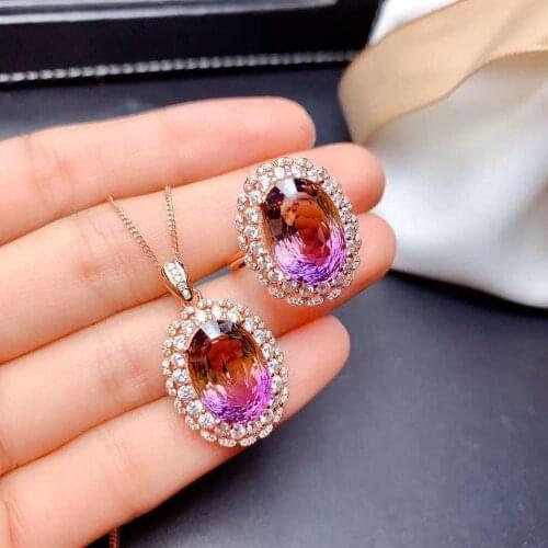 High Quality Ametrine Sun Flower Ring Pendant Necklace Set S925 Silver Fine Fashion Wedding Jewelry for Women Free Shipping