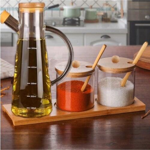Kitchen Olive Oil Vinegar Storage Bottle Set Cruet Bamboo Spoons Stand BBQ Leakproof Dispenser Container For Salad Kitchenware