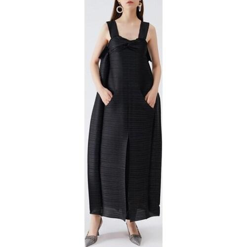 2021 summer sexy dress issey miyake pleated niche loose plus size ruched black dress for woman casual vintage folda clothing