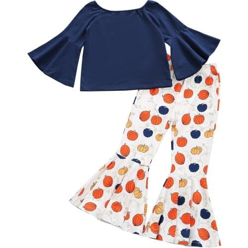 2021 New Toddler Kids Girl Clothes Set Off Shoulder Top Flared Sleeves Pumpkim Print Pants Halloween Costumes 1-6Y
