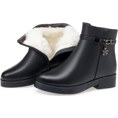100% Natural Full Genuine Leather Boots Inisde Plush / Wool Warm Winter Boots Low-heel Plus Size Women Shoes Boots Snow Boots