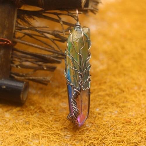 6pcs Natural stone crystal hexagon pillar pendant necklace tree of life rainbow Treat Crystal Charm for Jewelry Making Free