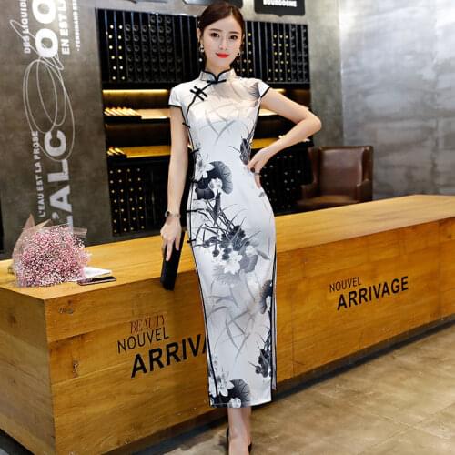 Elegant Silk Stand Collar Retro Buckle High Split Fork Slim Cheongsam Dress Women Summer Chinese Style Vintage Floral Midi Qipao