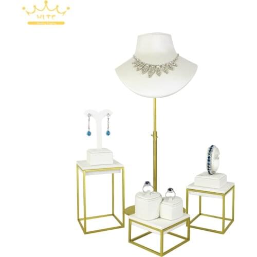 Gold Quality Plating Stainless Steel Jewelry Earring Display Necklace Showcase White PU Jewelry Display Stand