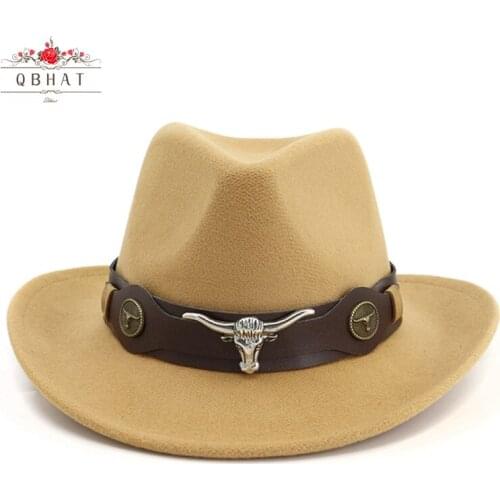 QBHAT Woolen Western Cowboy Hat Men Women Wide Brim Felt Jazz Cap Cow Head Decor Carnival Fedoras Panama Sunhat Sombrero
