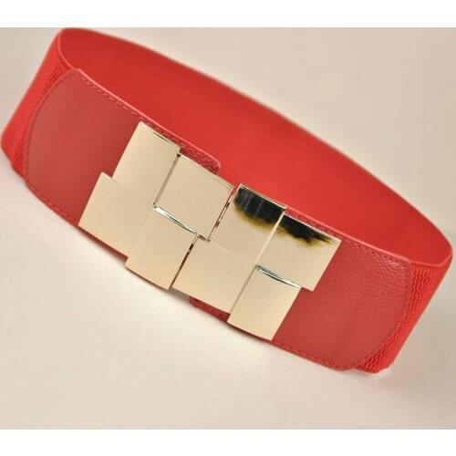 Fashion Womens Waistband PU Elastic Wide Belt Square Buckle Dress Belt Slim Wide Belt Female