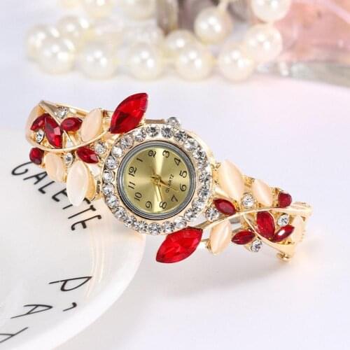 Luxury Women Rhinestone Leaf Round Dial Analog Open Bracelet Quartz Wrist Watch