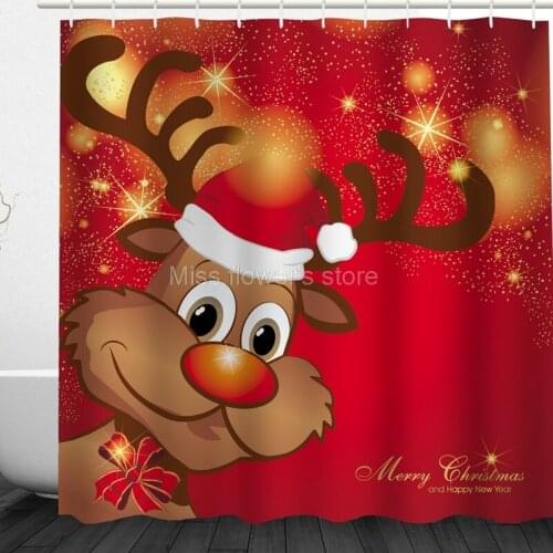 Merry Christmas Red Cartoon Elk Pattern Design Custom Shower Curtains Bathroom Waterproof Mildew Polyester Fabric +12 Hook