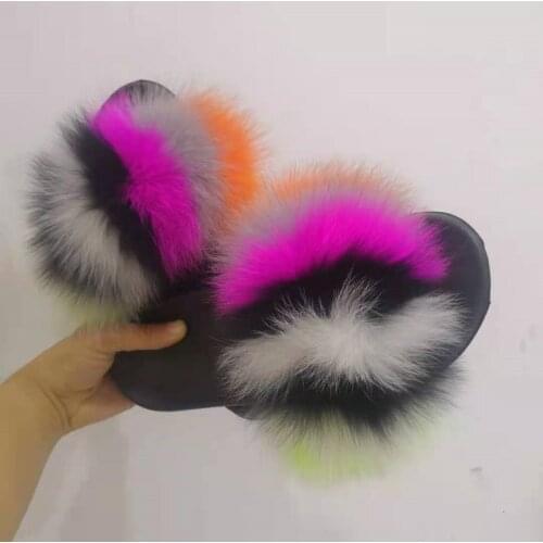 Colorful Rainbow Furry Fox Fur Slides Women Fluffy Slippers Ladies Summer Shoes Sandals Beach Sandals Open Toe Plush Flip Flops