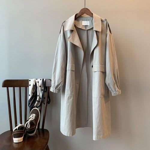 Spring New Washed Cotton Medium Length Temperament Windbreaker Womens Solid Long Sleeve Over Knee Overcoat Female Trench