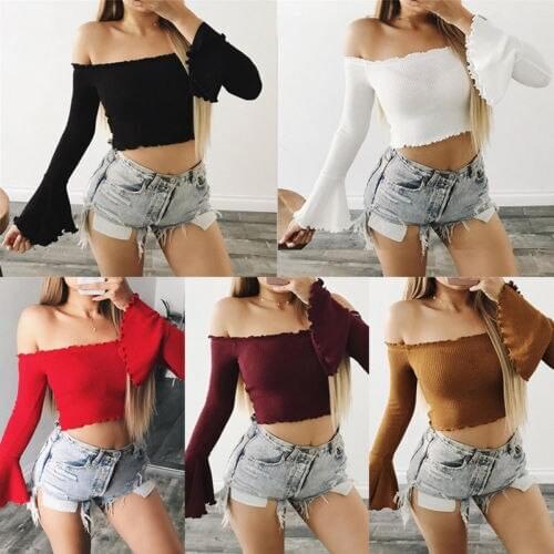 2018 Women T-shirt Off Shoulder Crop Top Flare Long Sleeve Shirt Slash Neck Knit T-shirt Solid Sexy Pullover