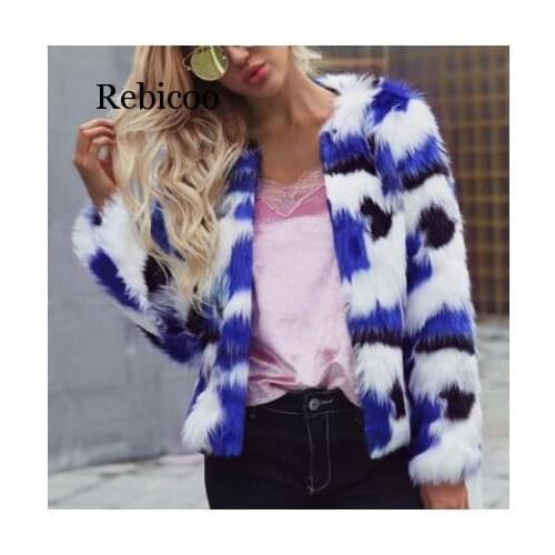 Winter woman Ladies fashion autumn Black blue and white artificial fur coat Ladies Warm Faux Fur Gradient Color Parka outerwear