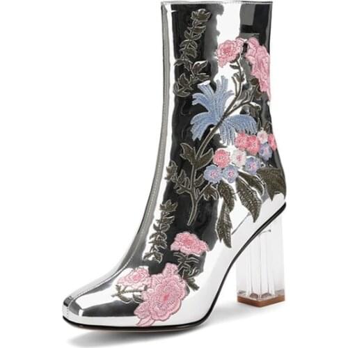 Womens Patent Leather Ankle Boots Mirror Sliver Bling Floral Embroidery Block High Crystal Clear Heel Shoes Plus Size Luxury