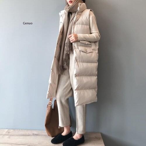 Winter New Long Vests Womens Trendy Wild Thin Solid Color Stand Collar Sleeveless Casual Loose Single-Breasted Vests Women